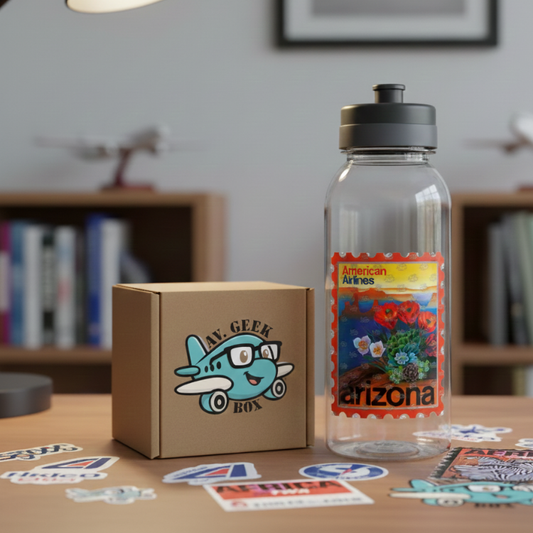 Clear water bottle with American Airlines Arizona label and cardboard box with airplane design on a table.